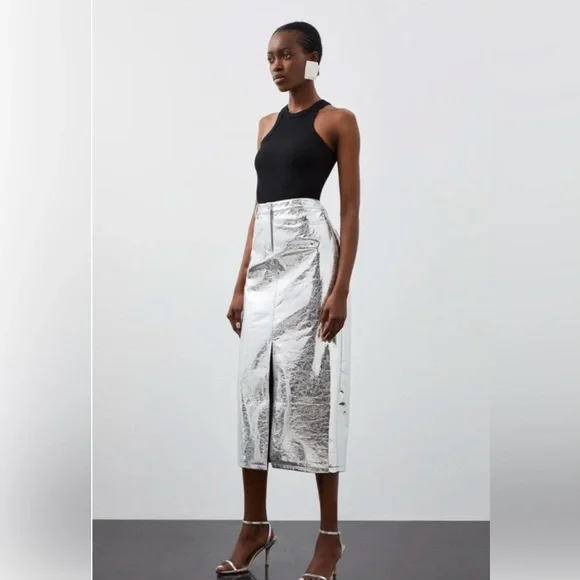 ZARA Stunning Silver Faux Leather Metallic Midi w/Broad Waistband & back slit🔥🔥🔥 - Picture 5 of 12
